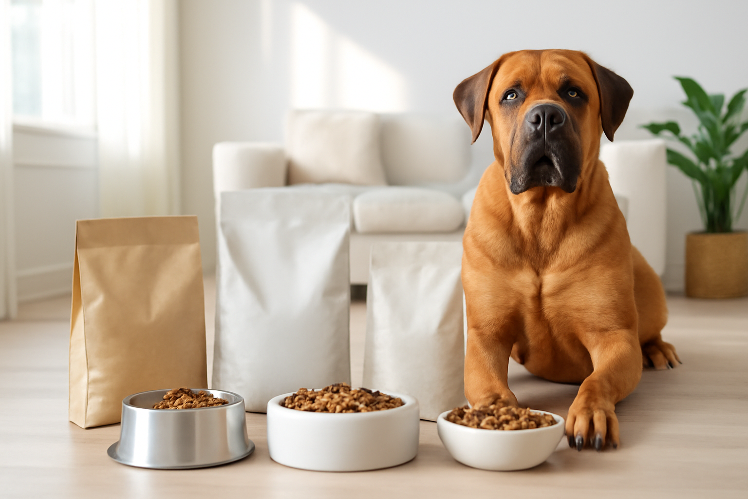 Stor hund ved skåle og foderposer, der illustrerer sammenligning af hundefoder til store hunde