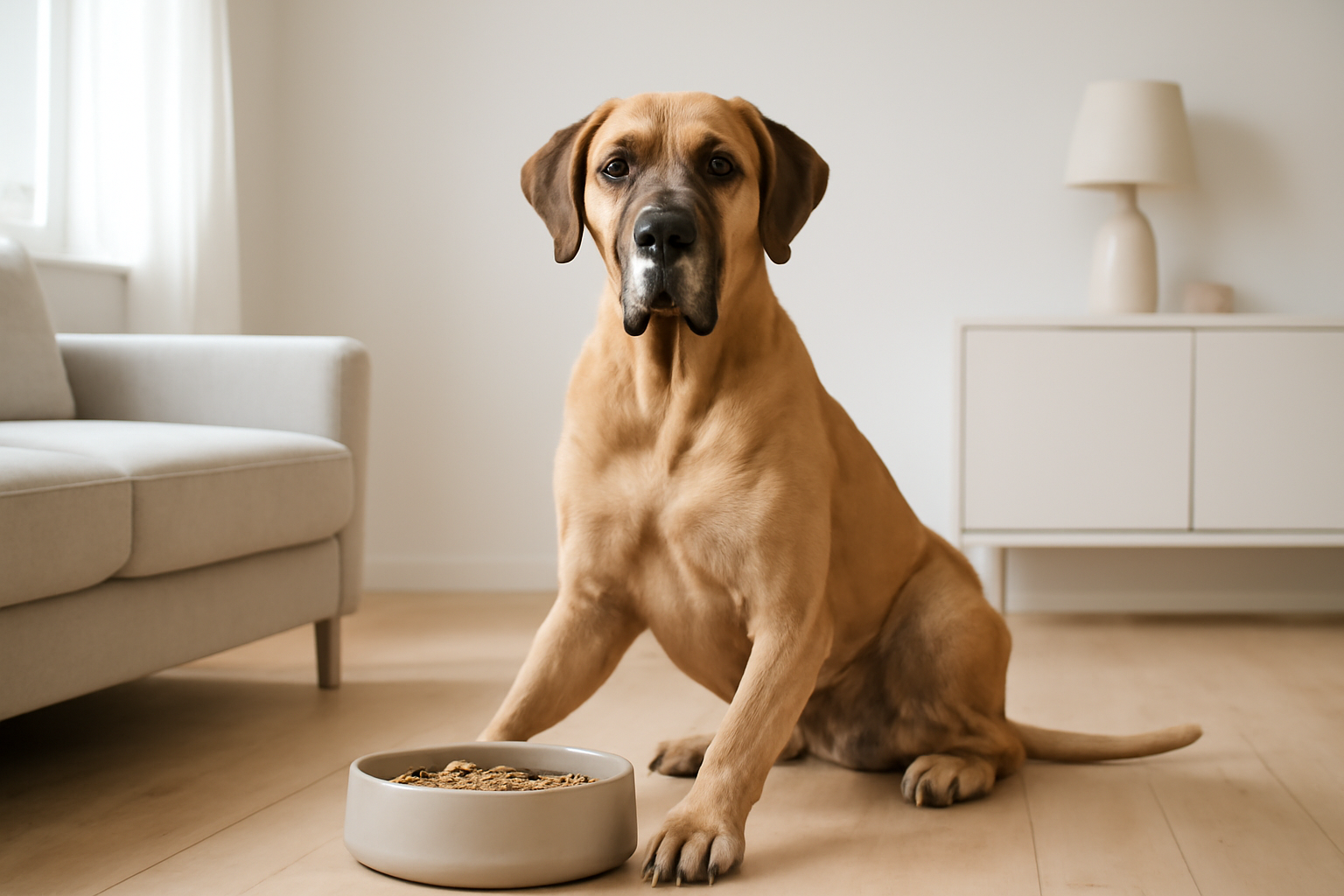 Stor hund ved en foderskål i hjemmet